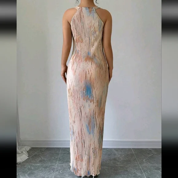 Women's Elegant Tie-Dye Printed Pleated Dress Maxi Women Outfit - Picture 4 of 4